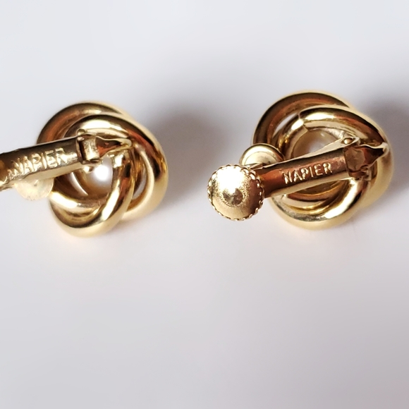 Vintage Napier Clip-On Earrings, Gold Tone Faux Pearl Screwbacks, Gift For Her - Picture 2 of 8